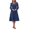 thumbnail image 1 of Vestido V de Cuello Inspire Chic para Mujer con Mangas de Linterna, Volantes, Corte A, Elegante, Casual, Midi, Talla XL, Azul Oscuro, 1 of 6
