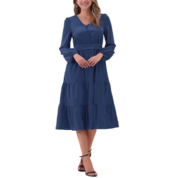 Vestido V de Cuello Inspire Chic para Mujer con Mangas de Linterna, Volantes, Corte A, Elegante, Casual, Midi, Talla XL, Azul Oscuro