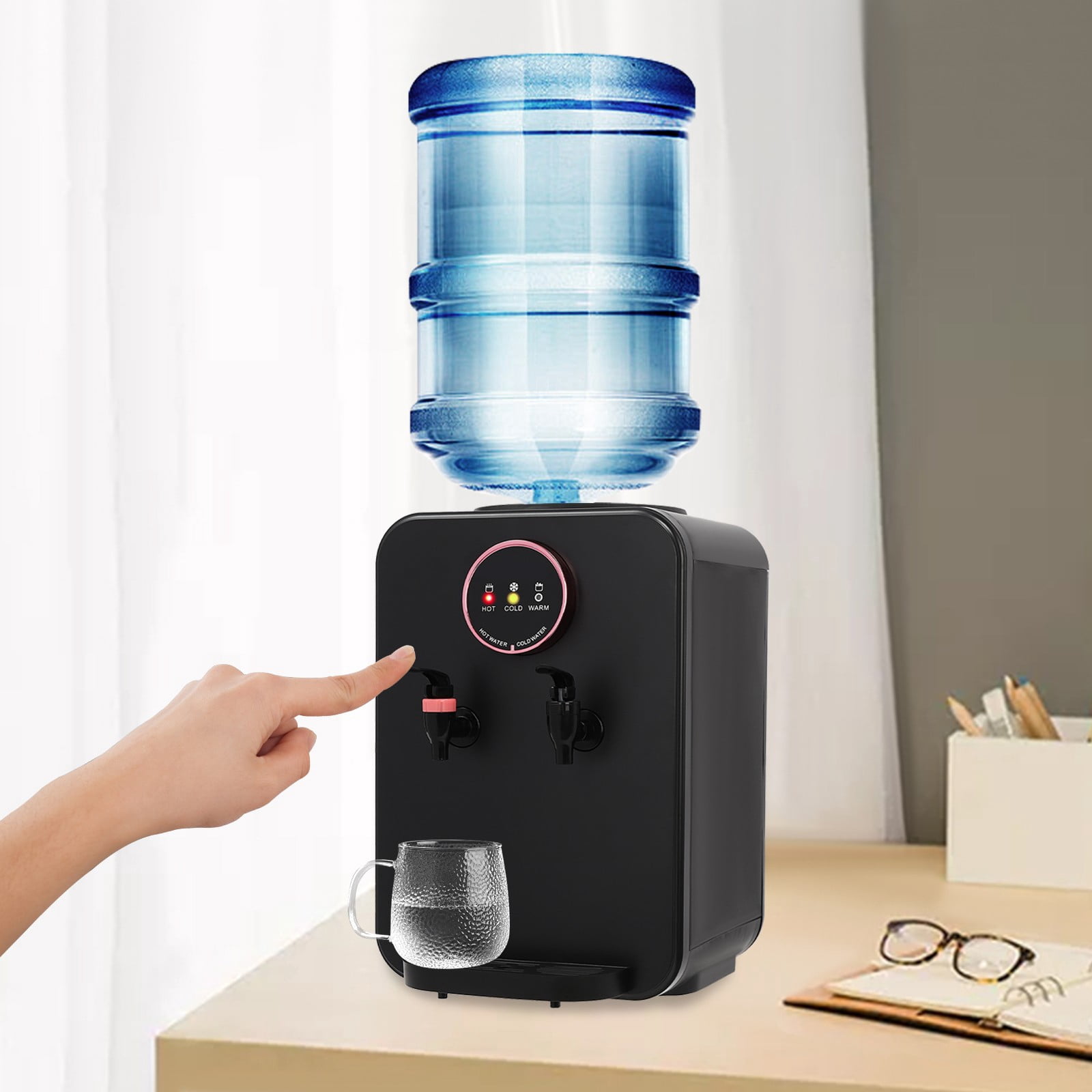 Countertop Hot and Cold Water Cooler Dispenser, Efficient Cooling/Heating, Top Loading Countertop Water Dispenser for Home Office Use, Holds 5 Gallon Bottles (Black)