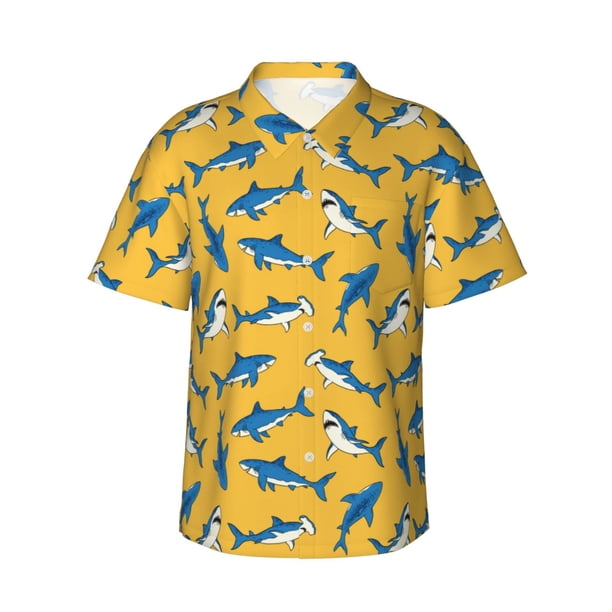 Fotbe Shark Print Camisa Hawaiana para Hombre Unisex – Camisa Casual de Verano con Botones de Manga Corta de Algodón y Lino,Medium