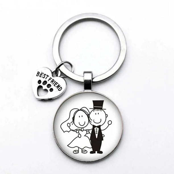 LLavero de dibujos animados para novia y novio, joyería de boda, regalo, cabujón de cristal, imagen artística, 25mm, hecho a mano, llave de Metal
