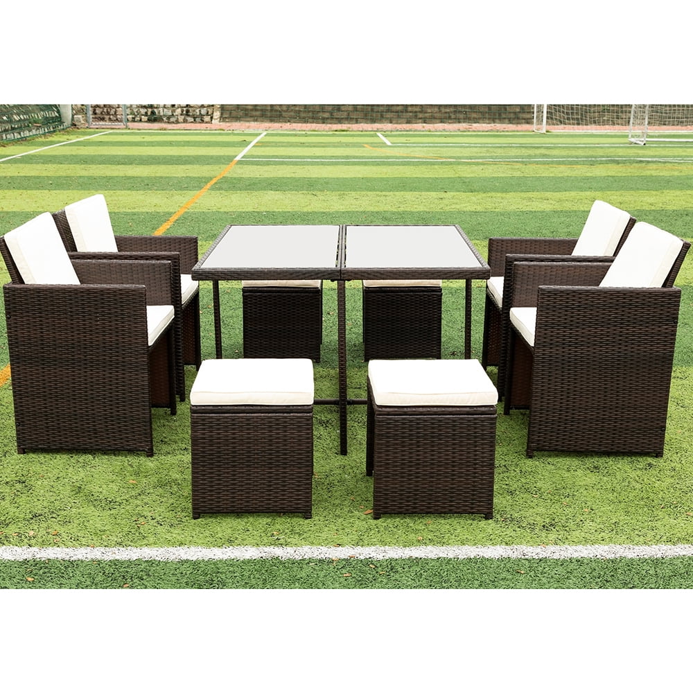 Private Jungle 9 Pcs Outdoor Patio Dining Set, 8 Rattan Chairs Cushioned and Glass Table, White Private Jungle 9 Pcs Outdoor Patio Dining Set, 8 Rattan Chairs Cushioned and Glass Table, White