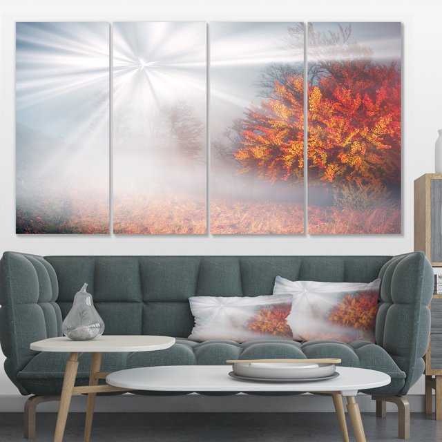 Soleil Brumeux dans la Forêt d'Automne Rouge - Impression sur Toile Photographie de Paysage