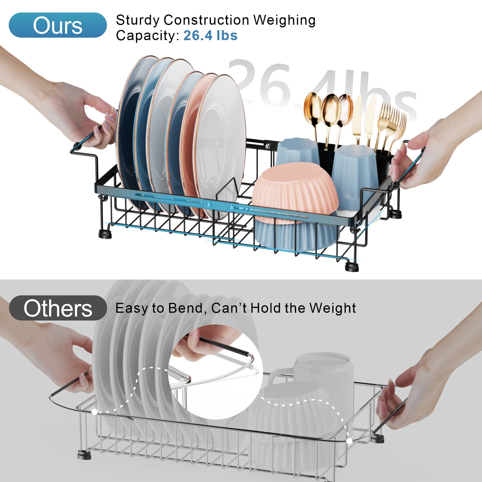 iSPECLE Sink Dish Drying Rack - Expandable Capacity (12.4''-17.1''L) Over Sink Dish Rack, in Sink Dish Drainer for Kitchen Counter with Utensil Holder, Black