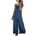 thumbnail image 4 of Womens Sleeveless Linen Jumpsuits Spaghetti Strap Wide Leg Jumpsuit Beach Vacation One Piece Overalls Blue, XL, 4 of 7