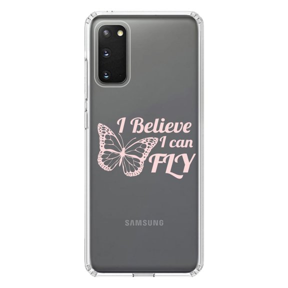 DistinctInk Clear Shockproof Hybrid Case for Galaxy S20 / S20 5G (6.2" Screen) - TPU Bumper Acrylic Back Tempered Glass Screen Protector - Butterfly - I Believe I Can Fly