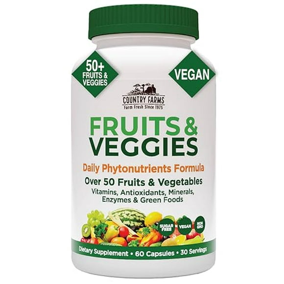 COUNTRY FARMS Cápsulas de súper frutas y verduras, suplemento alimenticio integral, potente antioxidante, apoya la energía, la salud inmune, mejora la salud digestiva, 30 superalimentos, 30 porciones