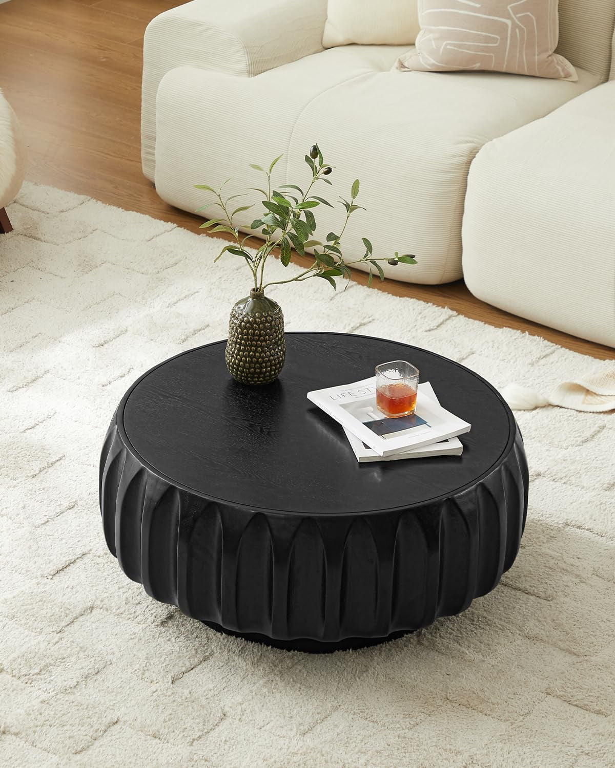 31.5" Round Drum Coffee Table, Fluted Design with Black Solid Wood Veneer for Contemporary Living Room