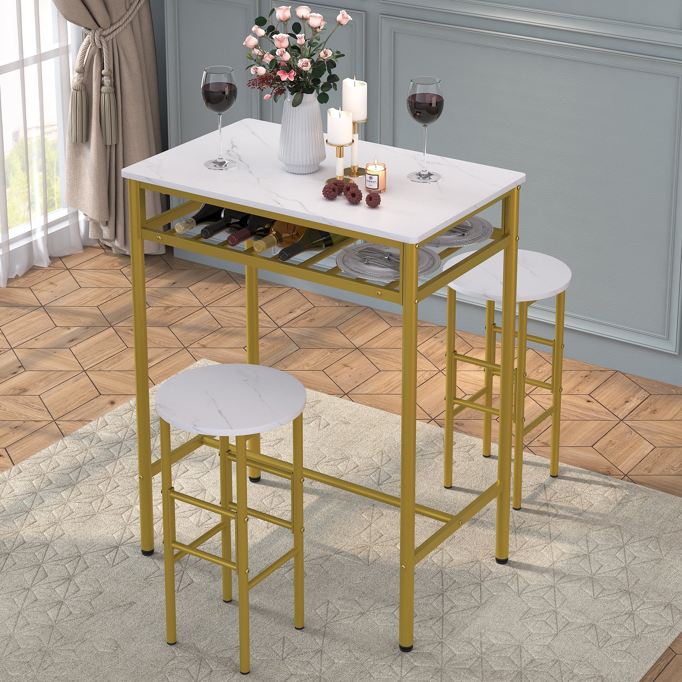 Yoneston 3Piece Bar Table Set, Counter Height Dining Table Set Kitchen