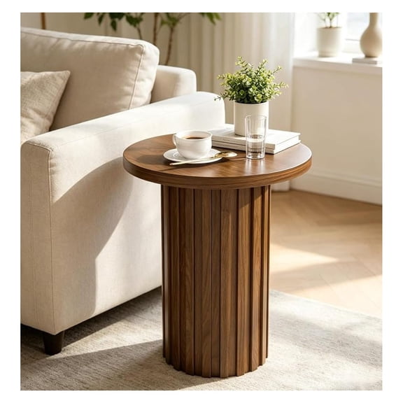 Farmhouse Pedestal End Table Round Side Table with Fluted Panel Rustic Drink Table for Small Space Living Room (Walnut)