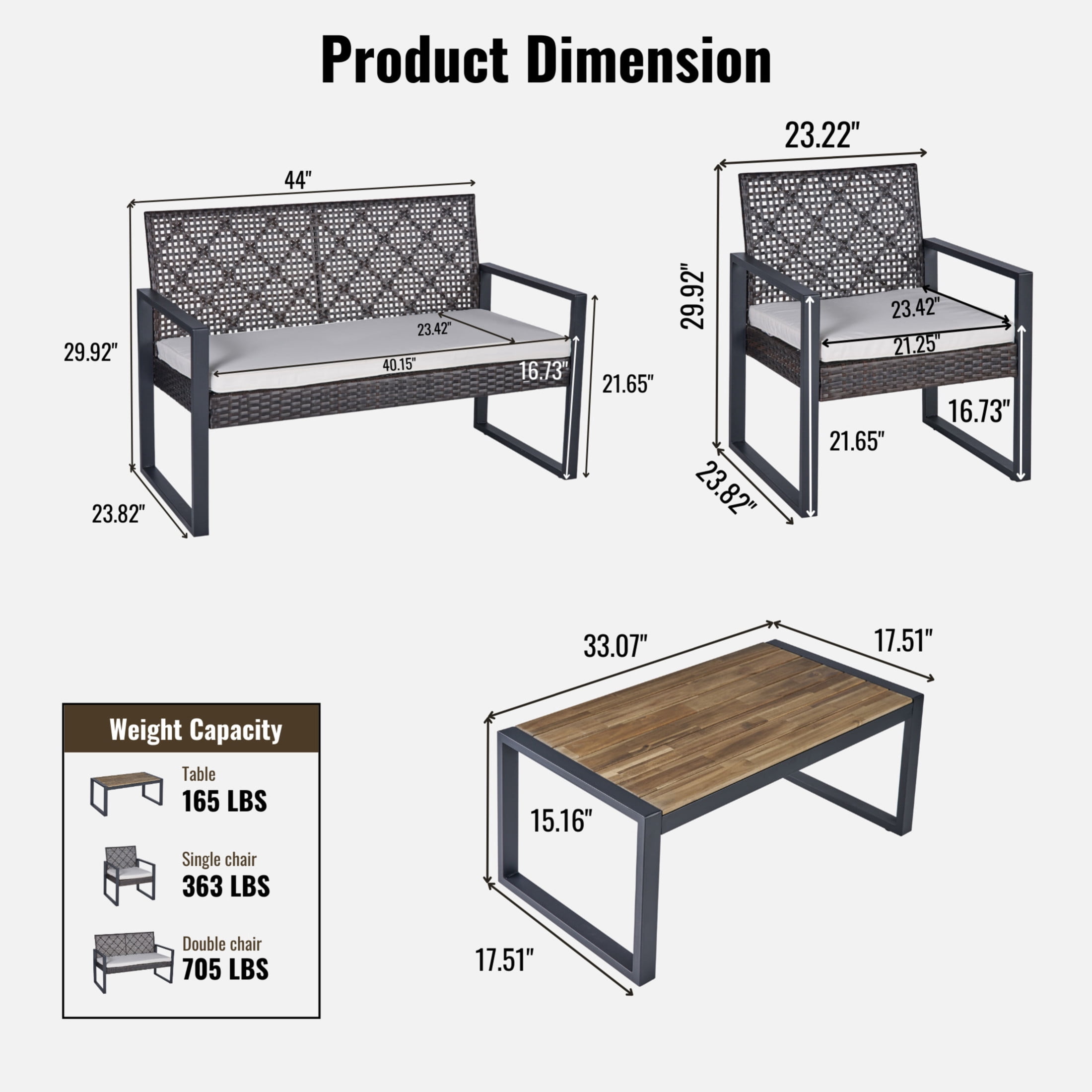 Noble House 4-Piece Patio Furniture Set, Acacia Wood & Rattan Outdoor Conversation Set, Black & Brown