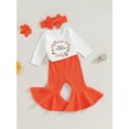 thumbnail image 3 of Wassery Baby Girls 3Pcs Fall Outfits Long Sleeve Letter Wreath Print Romper Tops+ Flared Pants + Headband Set 3 6 12 18 Months Infant Girls Clothes, 3 of 7