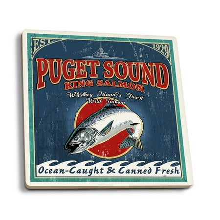 

Whidbey Island Washington Salmon Vintage Sign (Absorbent Ceramic Coasters Set of 4 Matching Images Cork Back Kitchen Table Decor)