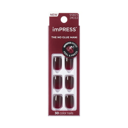 KISS imPRESS Color Press On Nails, ‘Glitchin'’, Red, Short Squoval, 30 Count