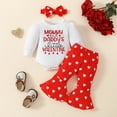 thumbnail image 2 of Girls Valentines Day Outfit Long Sleeve Ribbed Bodysuit Heart Print Flared Pants Headband Three Piece Set Clothes, 2 of 9