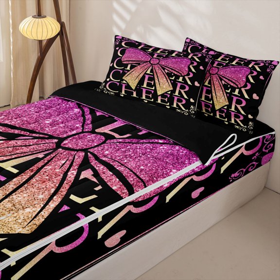 Homewish Sequin Print Bow Zipper Full Size Comforter Sets with Fitted Sheet and 2 Pillowcases, Dreamy Princess Zipper Bedding Set, Pink Yellow, Black Reversible, 4pcs