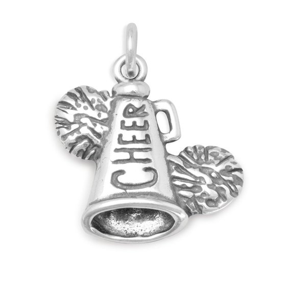 Cheerleading Megaphone with Pom Poms Charm Sterling Silver
