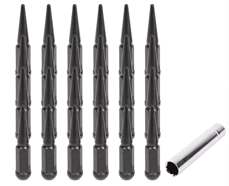 Impact Black Spiked Solid Metal Lug Nuts M14x1.5 Thread 4.4 Inch Tall Closed End Bulge Acorn