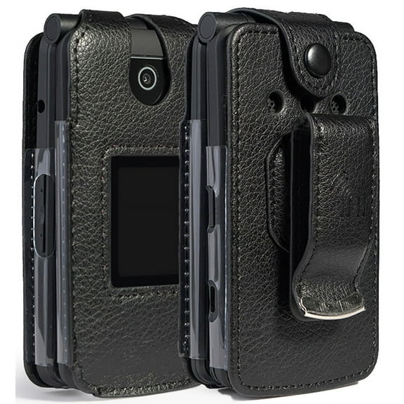 Case for Coolpad Snap Phone, Nakedcellphone [Black Vegan Leather] Form-Fit Cover with [Built-In Screen Protection] and [Metal Belt Clip] for Coolpad Snap Flip Phone (3312A/3311A)
