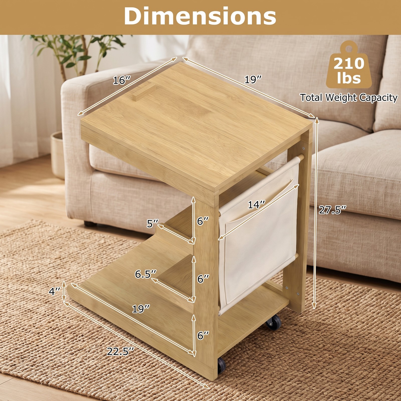 Furnibear C Shaped End Table with Wheels and Adjustable Tilt Desktop, Rolling Sofa Side Table with Hidden Storage and 3 Open Shelves for Couch Bedside Living, Natural