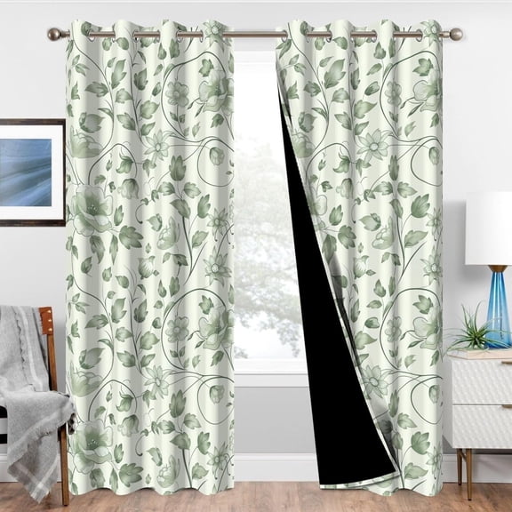 Green Floral Blackout Curtains for Bedroom and Living Room, Fall Cute Patterned Thermal Insulated Soundproof Black Out Curtains , Rustic Grommet Vintage Darkening Drapes 42"W x 108"L (Pack of 2)