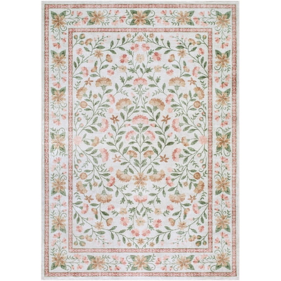 Hauteloom Ferlin Living Room, Bedroom Machine Washable Area Rug - Contemporary - Dark Pink, Sage, Cream - 2' x 2'11"
