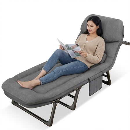 Heavy Duty 6-Angle Adjustable Folding Cot Bed with Mattress & Pillow, Portable Chaise Lounge for Camping, Office, Patio, Indoor Use