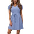 thumbnail image 1 of Dvprdro Robe d'Été Décontractée Unie à Manches Courtes pour Femme, Mode Élégante, Col en V, à Nouer, Robe Courte de Plage et Soleil, 1 of 5