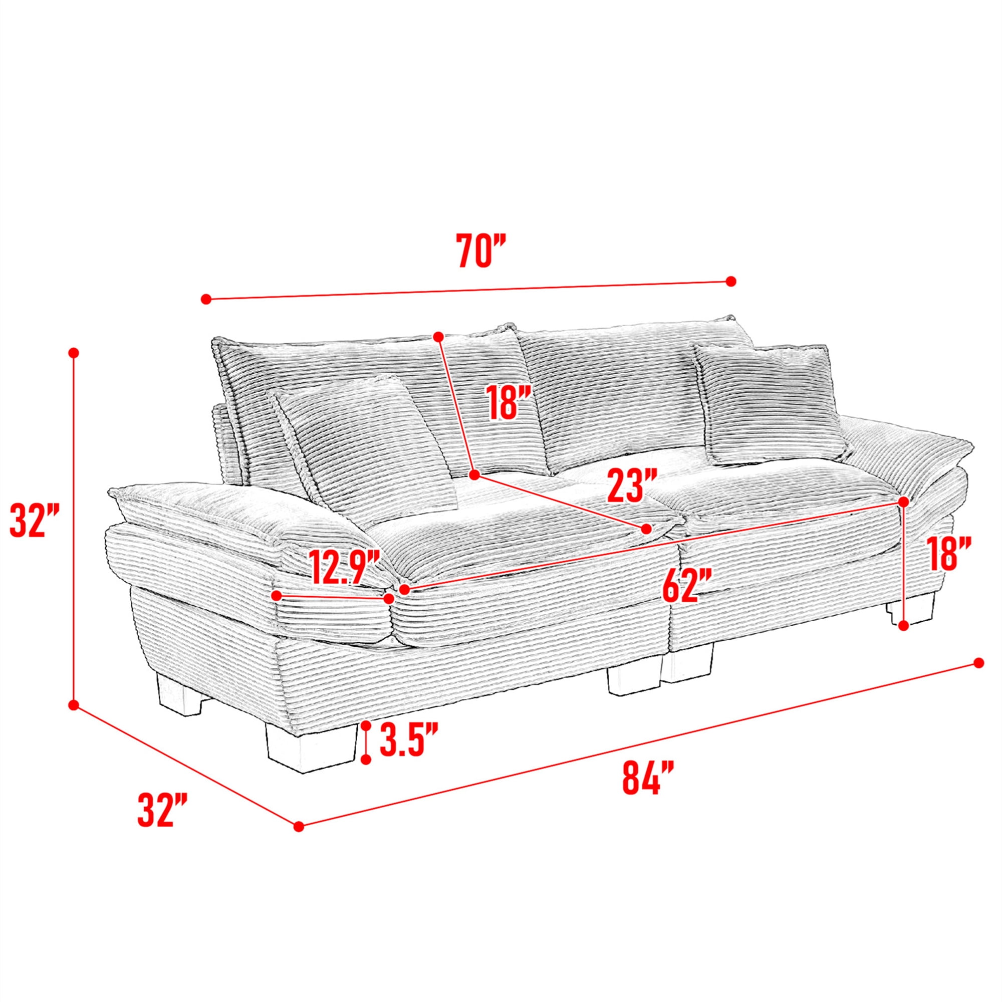 Aukfa 84" Deep Seat Sofa Modern Comfy Sofa Sleeper Couch for Living Room, 2 Pillows, Corduroy, Blue