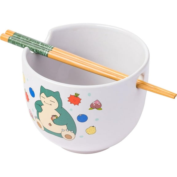 Pokemon Snorlax Relaxing and Eating Ceramic Ramen Noodle Rice Bowl with Chopsticks, 20 Ounces