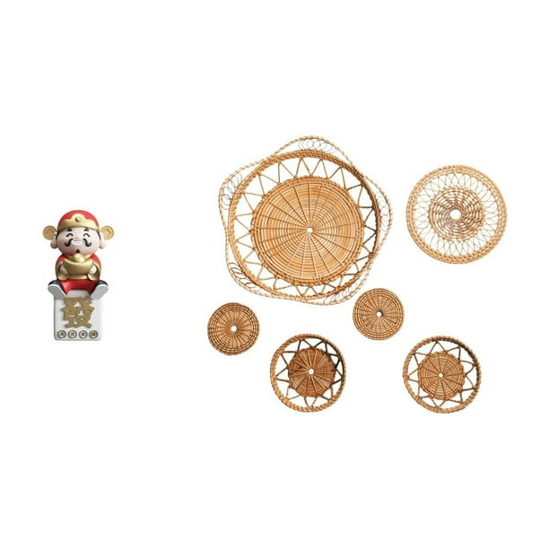 Figura de escritorio,Figura de Dios de la Fortuna de Dibujos Animados,Regalo Feng Shui,Manualidades de pared,Decoración de pared colgante. Ratán tejido artesanal.,Juego de decoración de