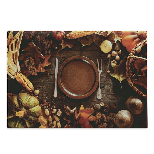 Harvest Cutting Board, Dinner at Thanksgiving Fall Color Theme Plate and Cutlery Various Seasonal Food, Decorative Tempered Glass Cutting and Serving Board, Large Size, Brown Orange, by Ambesonne