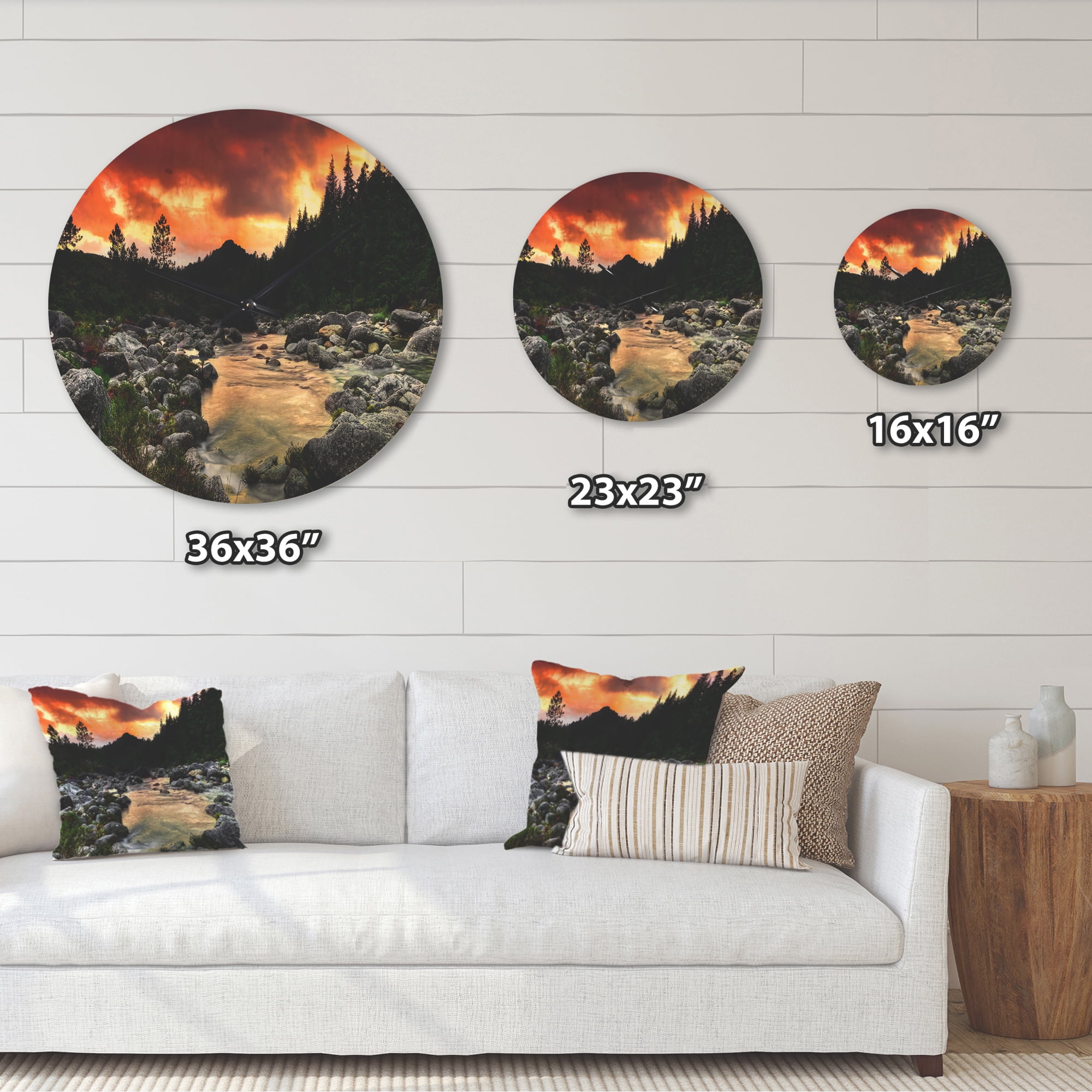 Designart 'Rocky Mountain River at Sunset Light' Modern Wood Wall Clock