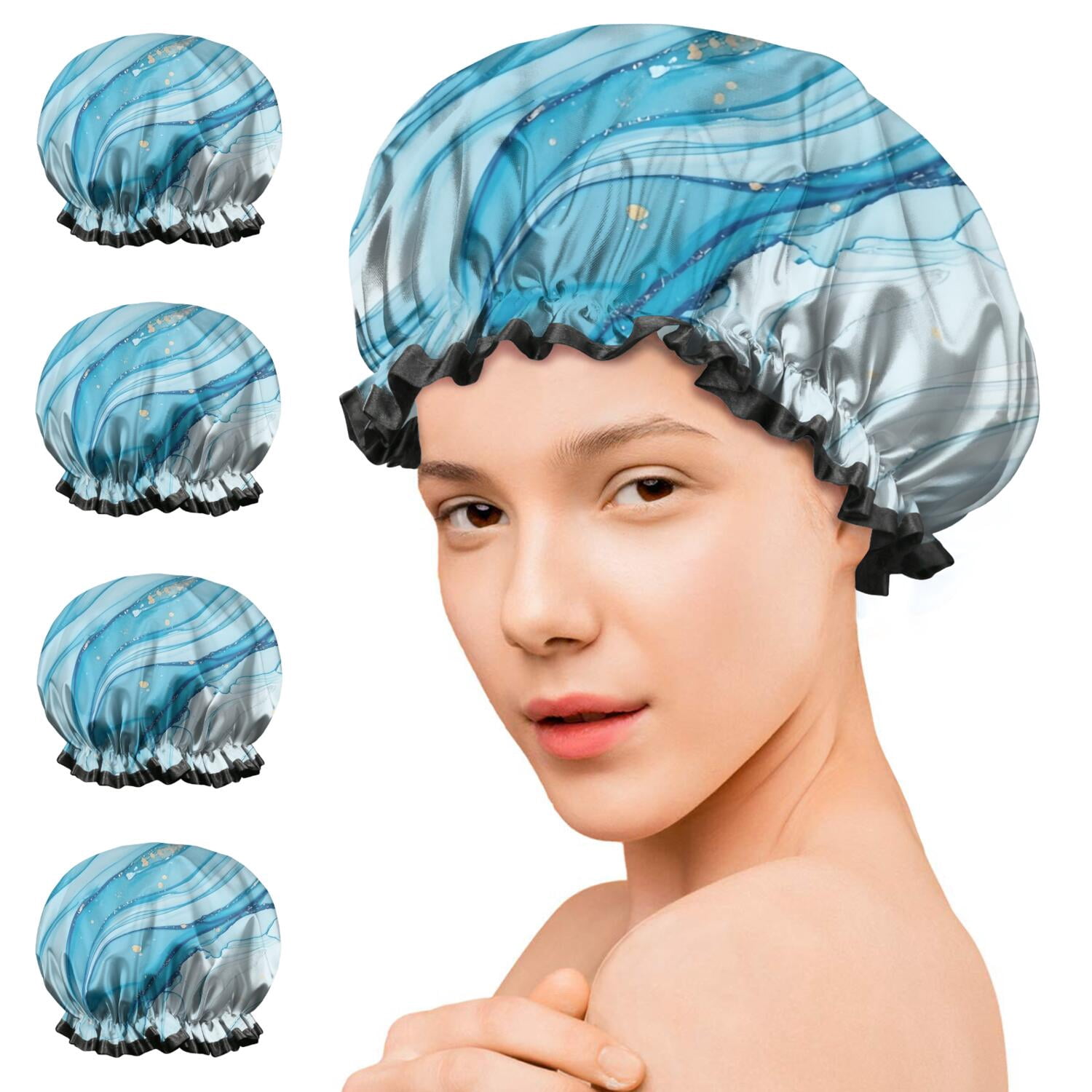 Shower Caps,Blue White Gold Marble Pattern Waterproof Shower Cap for Women 4 Pieces,Double Reusable Hair Cover for Shower PEVA Elastic Stretch Hem