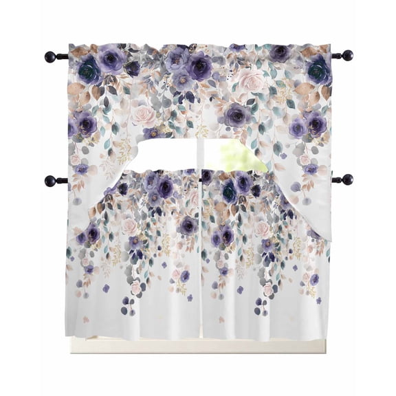 Purple Flowers Swag Kitchen Curtains Sets for Windows 24 Inch Length, Spring Floral Elegant Pastoral Watercolor Short Window Curtain Panels Swags Valances and Tiers 3 Piece Set for Cafe/Dining Room