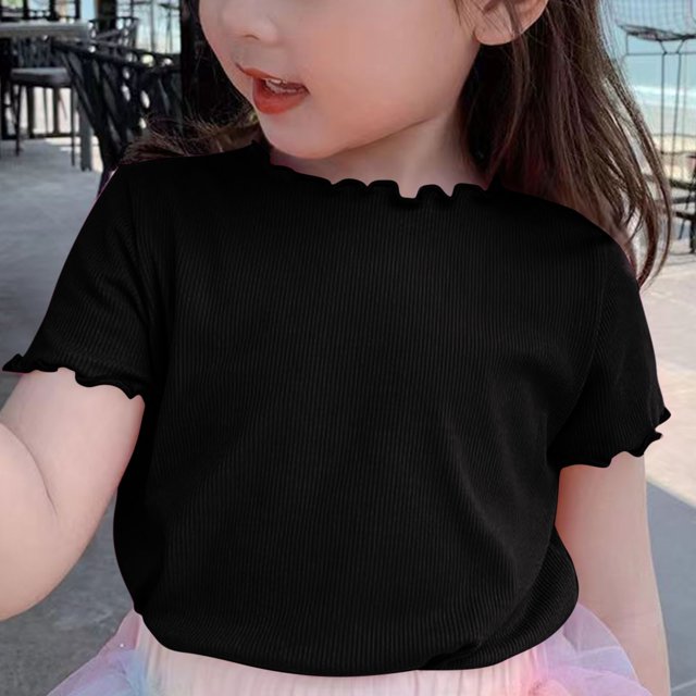 AherBiu T-Shirts Filles Manches Courtes à Volants Hauts en Coton Doux Col Rond Décontracté Couleur Unie 1-9 Ans