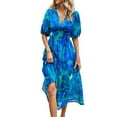 thumbnail image 2 of Womens Summer Dresses 2025 Casual Puff Short Sleeve V Neck Floral Boho Maxi Dress Blue M, 2 of 9