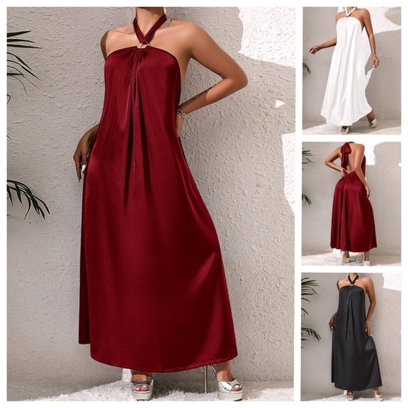CHUMUD Summer Dress for Women Beach Boho Sleeveless Halter Tie Backless Strappy Loose Flowy Satin Vacation Maxi Dress Wedding Guests Long Dress