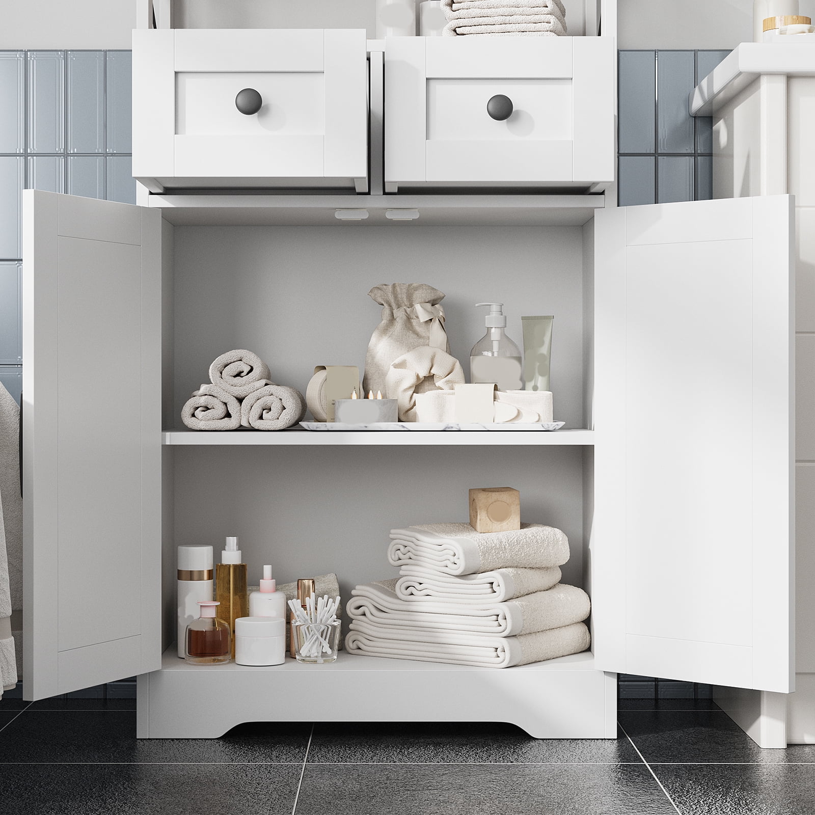 VEANERWOOD Bathroom Floor Cabinet Wooden Storage Organizer with 2 Barn Door, 2 Drawers & Adjustable Shelf, 42.7"H Floor Bathroom Storage Cabinet