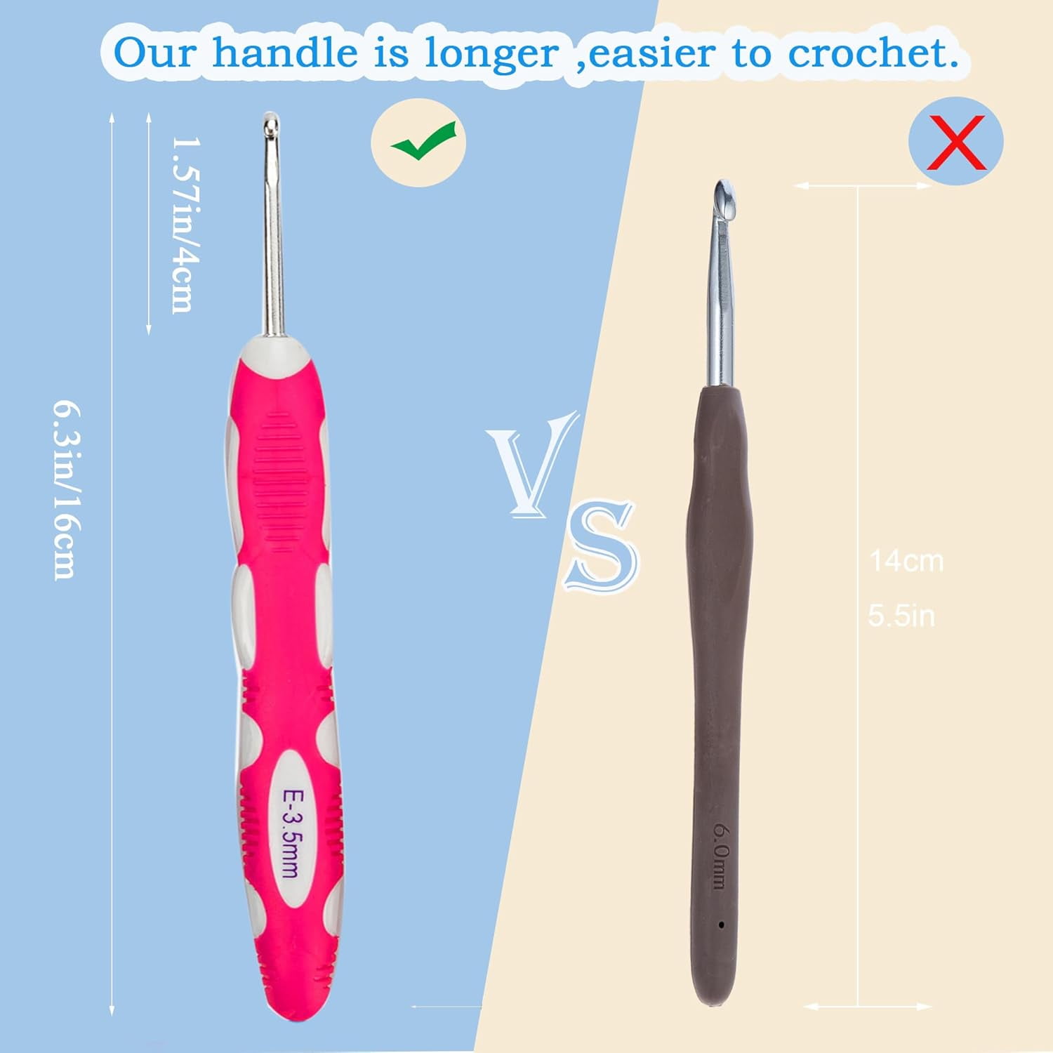 9 PCS Longer Ergonomic Crochet Hooks Set USA Standard Size B to J 2.0mm-6.0mm Soft Grip Handles Smooth Crochet Needles Knitting Needles for Arthritic Hands,Beginners(Set C)