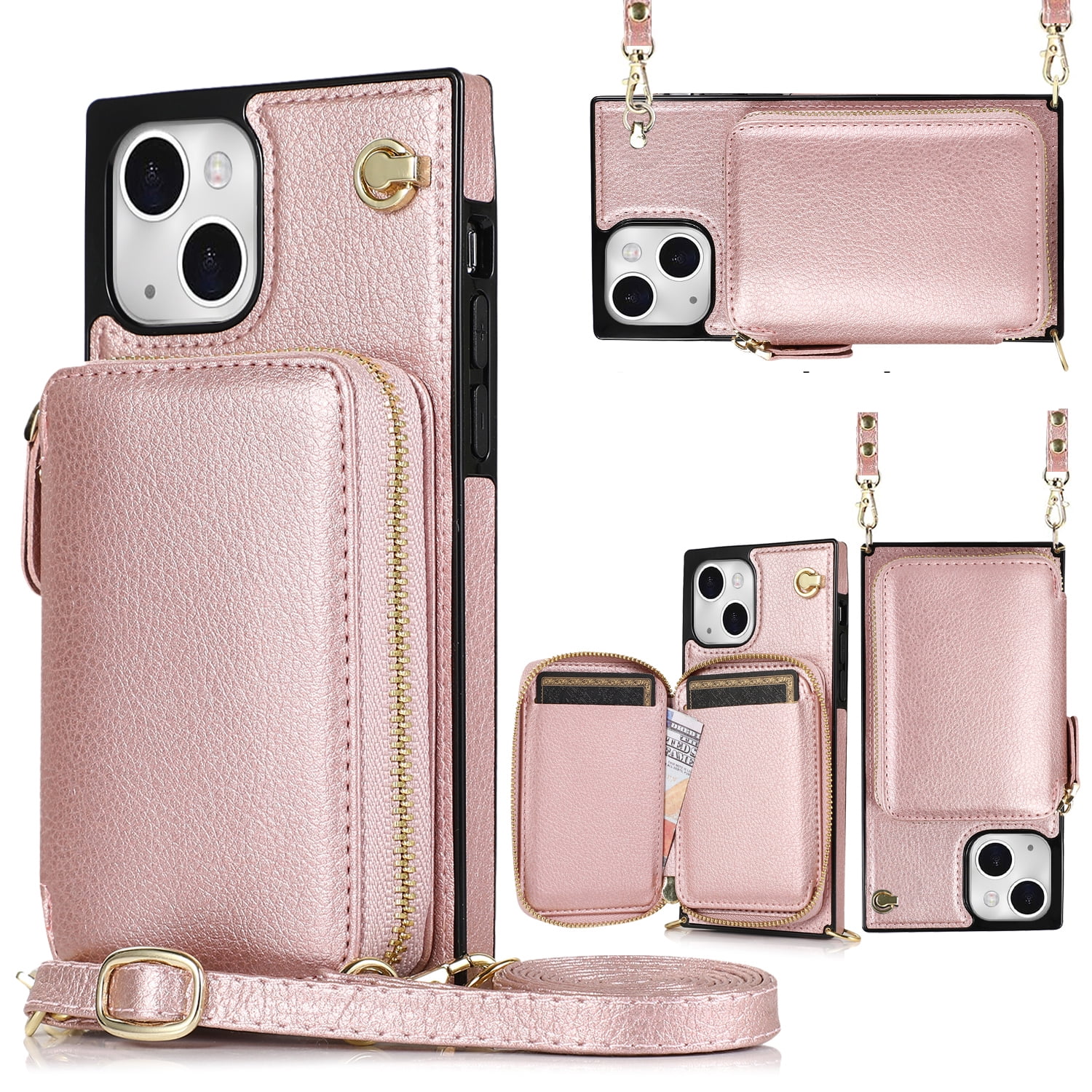 iPhone 13 Pro Max Wallet Case with Crossbody Strap, Dteck Zipper Pocket  Purse Phone Case with RFID Blocking Card Holder Compatible with iPhone 13  Pro Max, Rosegold 