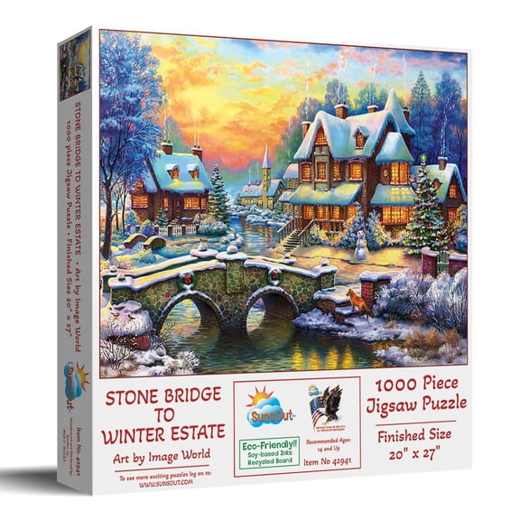 SunsOut Stone Bridge to Winter Estate 1000 Piece Jigsaw Puzzle for Adults - Finished Size: 20" x 27" by Artist: Image World