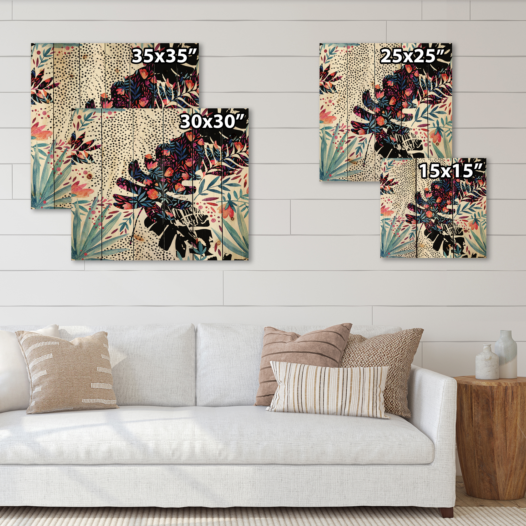 Designart 'Abstract Tropical Floral Patchwork I' Tropical Print on Natural Pine Wood