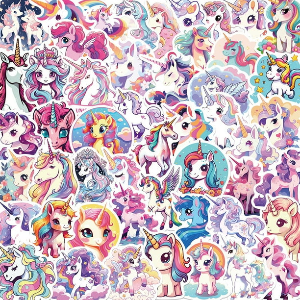 Calcomanías de vinilo con dibujos animados coloridos de unicornios para niños, 50 unidades