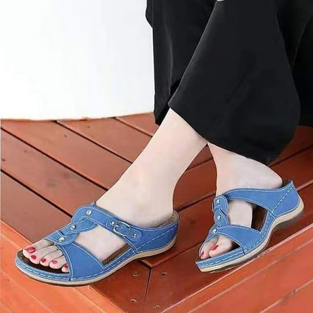 

Cathalem Dressy Sandals Women Flat Women Slope Heel Slippers Summer Fashion Slope Heel Thick Soled Sandals for Women Size 40 Blue 7