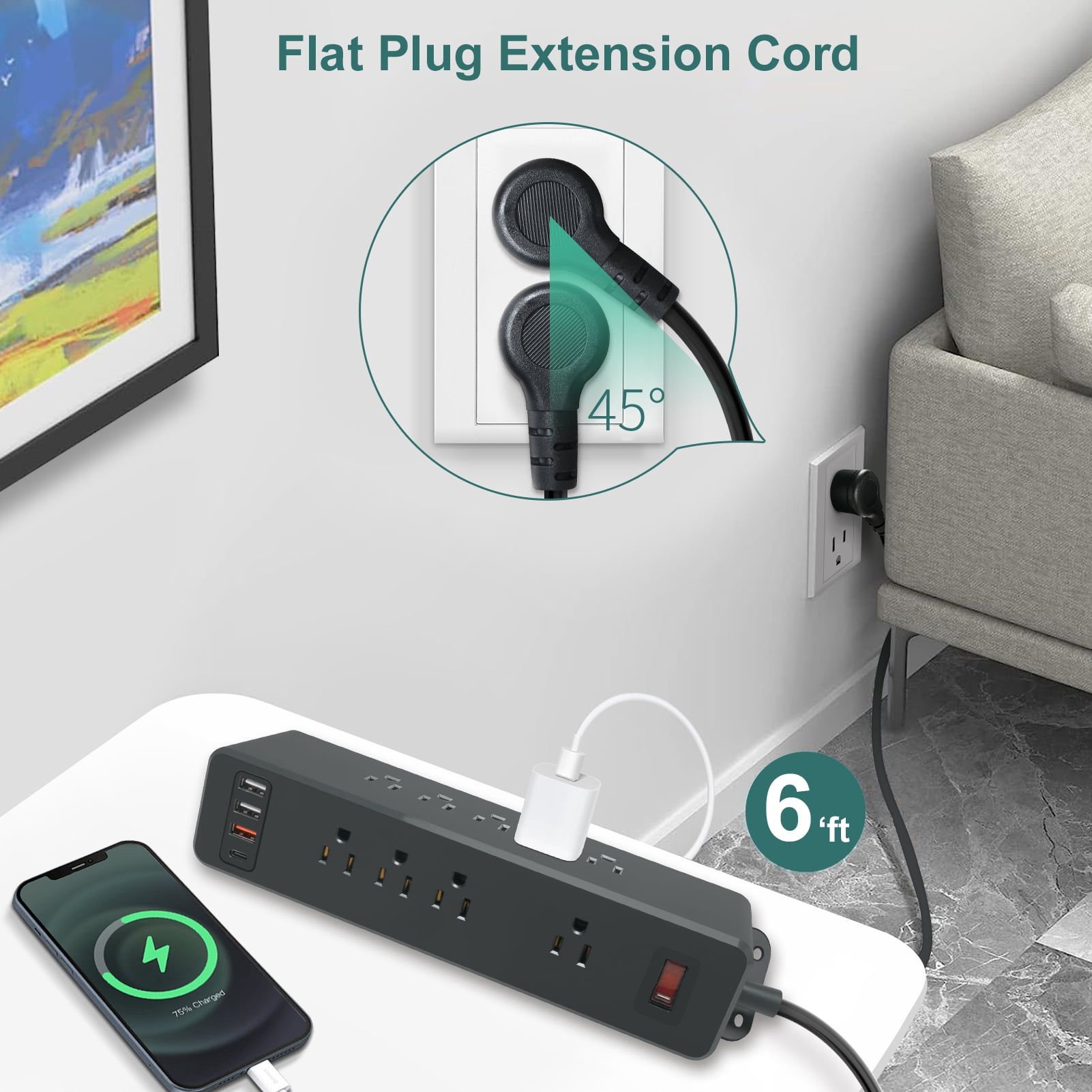 9 Outlets Wall Mount Power Strip with Fast Charge USB C, 13-in 1 Electrical Outlets
