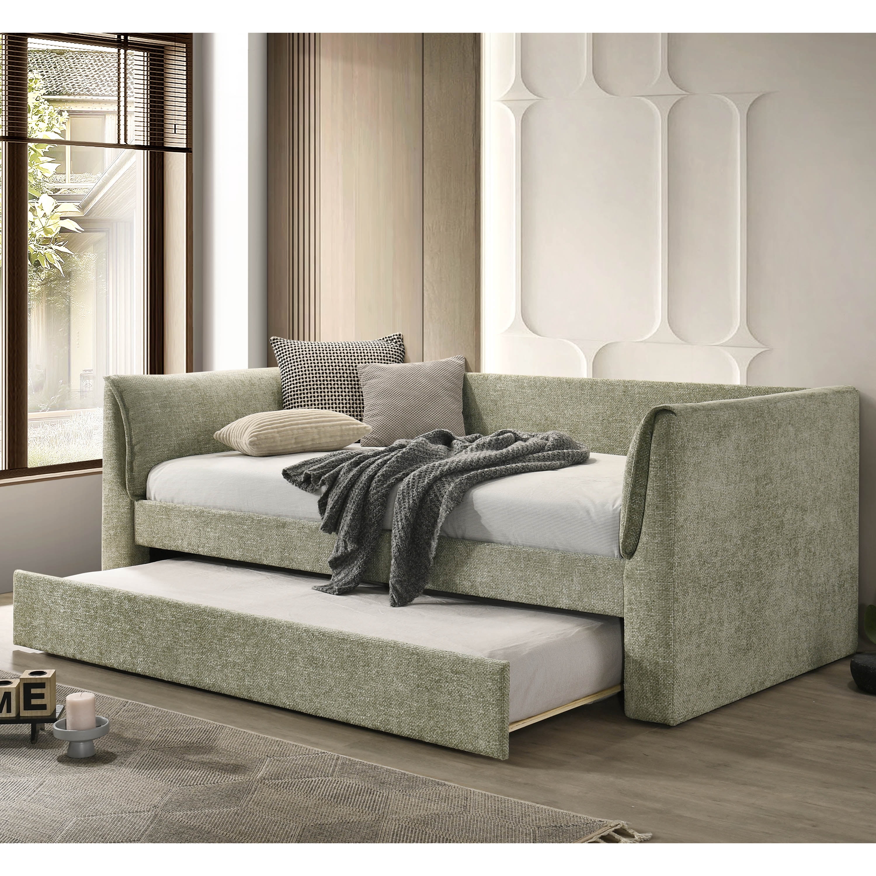 Furniture of America Alonsa Fully Fabric Upholstered Track Arm Twin Daybed with Trundle, Light Green