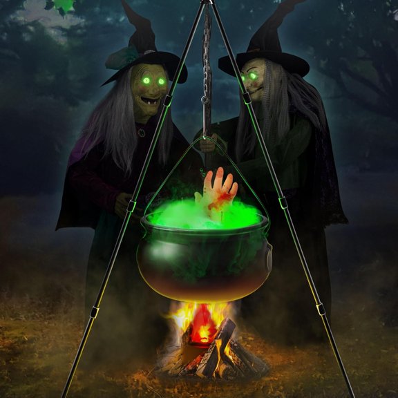 Halloween Decorations Outdoor - 6Pcs Large Witches Cauldron Halloween Decor Plastic with Fake Fire Halloween Hands String Lights for Halloween Yard Porch Decorations Outside Indoor Party