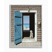 Stupell Industries Dog Between Doorways Calming Coastal Scene Animals & Insects Painting Gray Framed Art Print Wall Art, 11 x 14