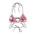 thumbnail image 2 of YYDGH Halter Metallic Crop Top Shiny Triangle Bralette Rave Bra Swimsuit Top Pink Free Size, 2 of 3